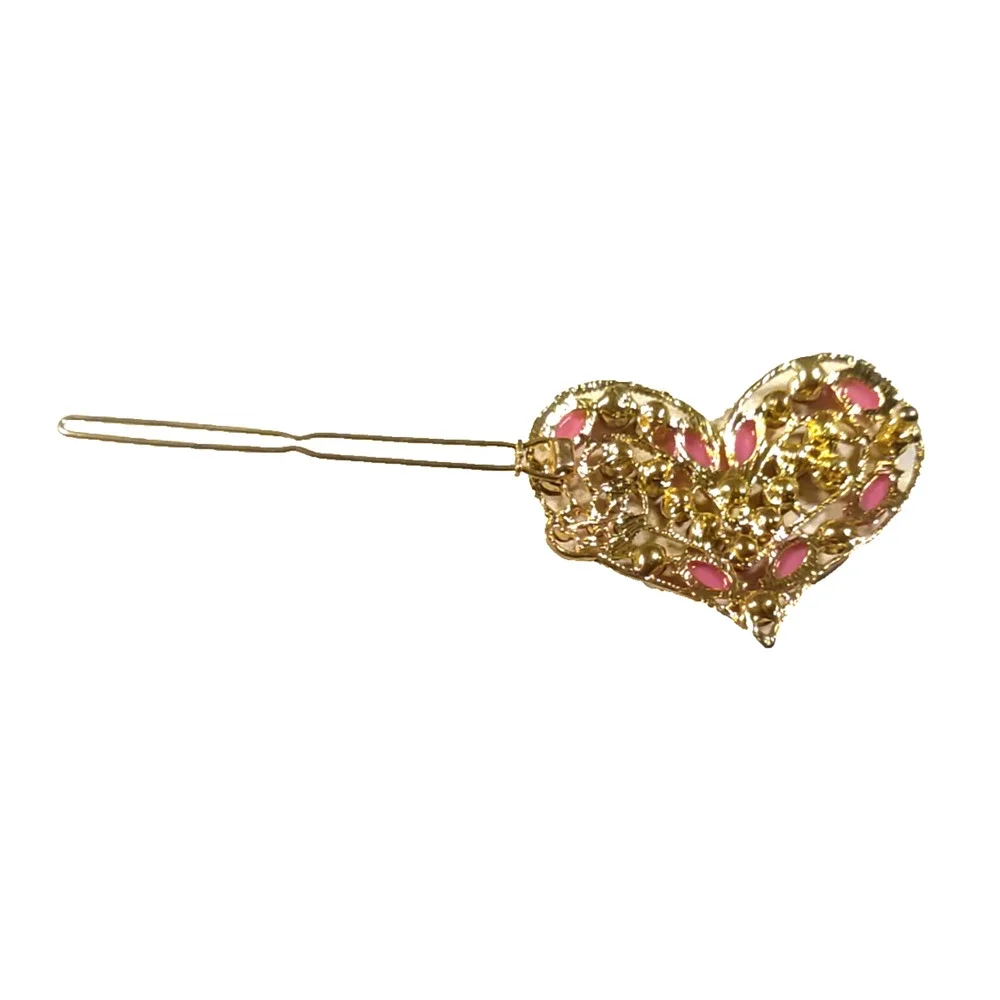 Hair Barrette Heart Pink Purple Rhinestone Gold Tone